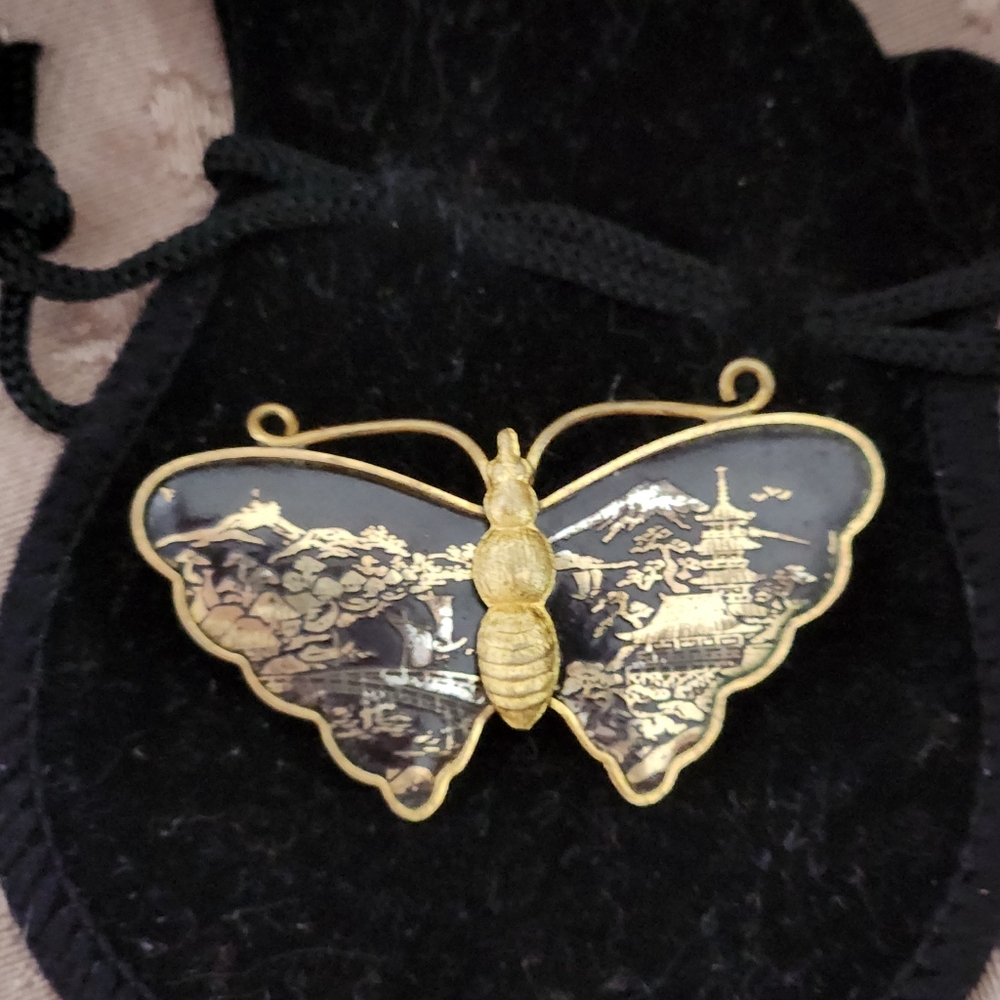 2/$30 Antique Scenic Damascene  Butterfly Brooch